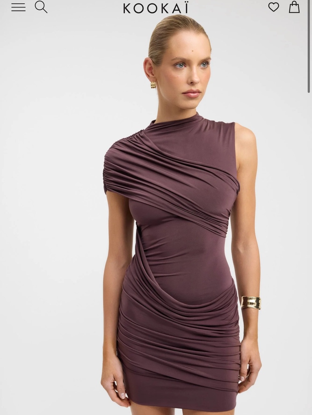 Kookai Asymmetric One-Shoulder Ruched Mini Dress in Plum